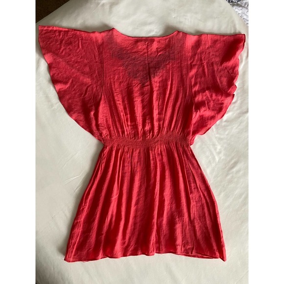 NEW Large Tunic Cover up Flutter Short Sleeves Coral with Navy Embroidery - Picture 4 of 5